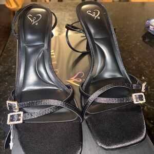 Windsor Black Strappy Square-Toe Heeled Sandals with Buckle Accents